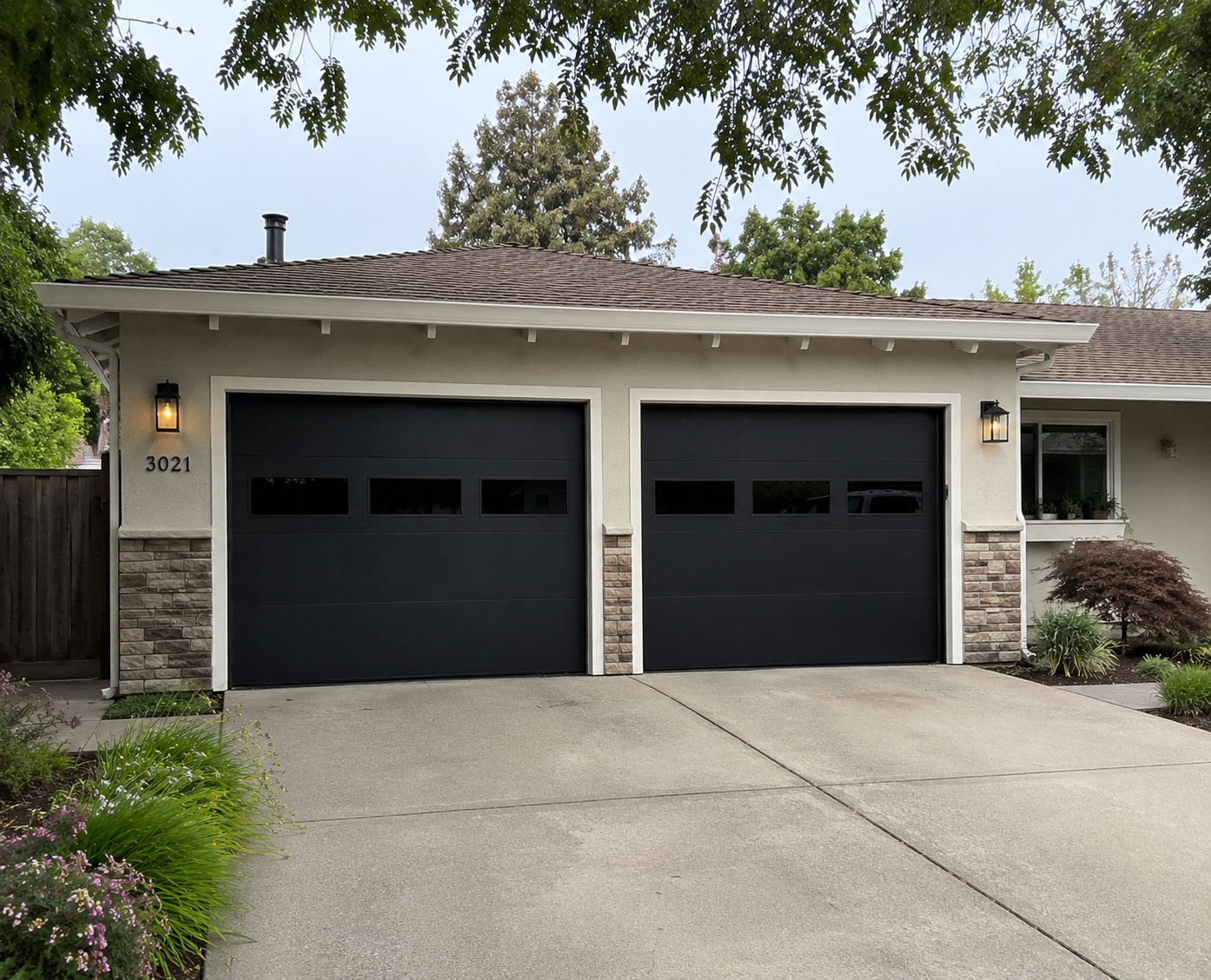 Contemporary black steel garage door on a Napa Valley home near Downtown Napa and the Silverado Trail